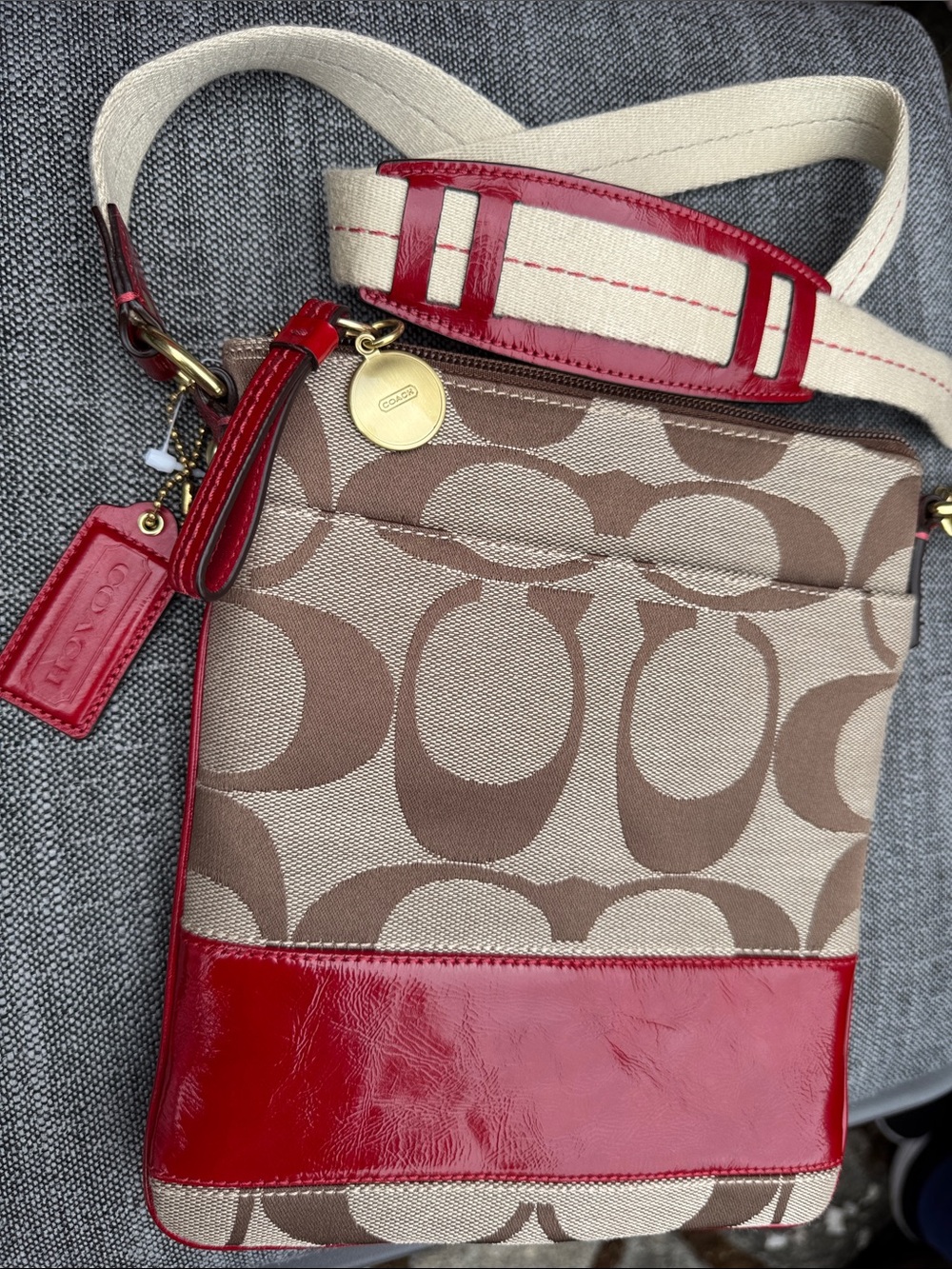 Coach Brown Signature Canvas Crossbody with Red Leather Trim